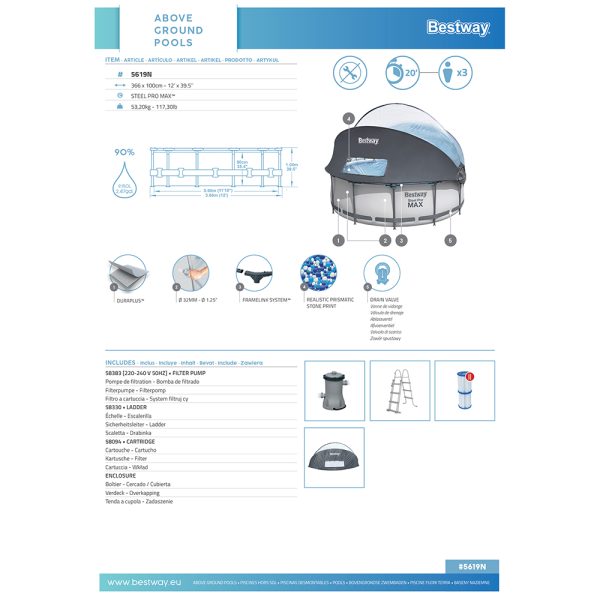 BESTWAY STEEL PRO MAX FRAME POOL SET MITFILTERPUMPE + VERDECK Ø 366 X 100 CM – Bild 16