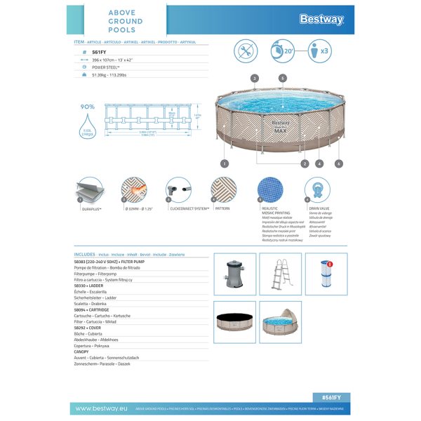 BESTWAY STEEL PRO MAX FRAME POOL KOMPLETT-SET MIT SONNENSCHUTZDACH Ø 396X107CM – Bild 15