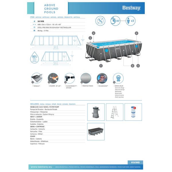 BESTWAY STEEL PRO MAX SPLASHVIEW FRAME POOL KOMPLETT-SET MIT FILTERPUMPE 488X244 – Bild 21