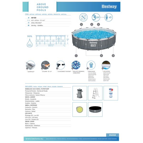 BESTWAY STEEL PRO MAX FRAME POOL KOMPLETT-SET, MIT LED-DESIGN, 457X107CM – Bild 15