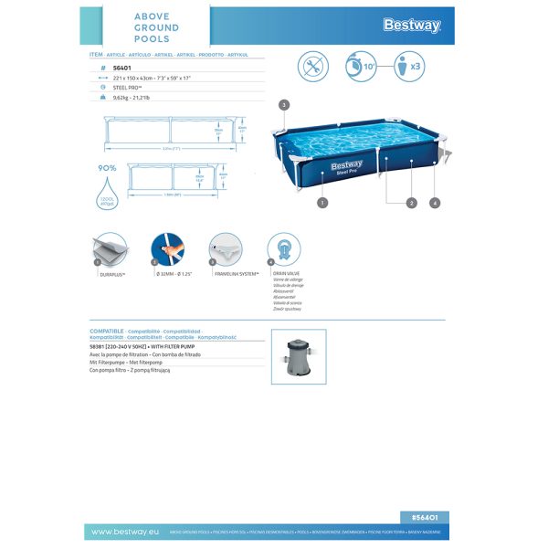 BESTWAY STEEL PRO FRAME POOL-SET, ECKIG,221 X 150 X 43 CM – Bild 11