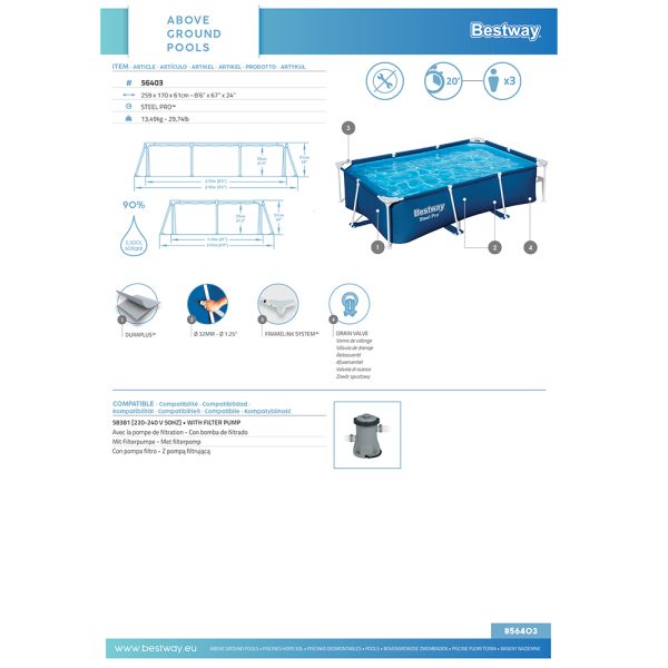 BESTWAY STEEL PRO FRAME POOL 259 X 170 X 61 CM ECKIG – Bild 15